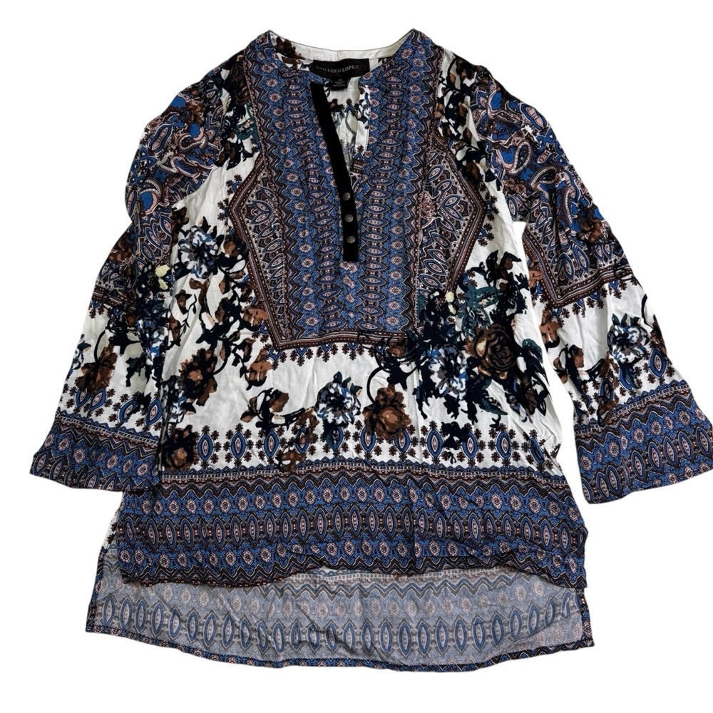 Colleen Lopez Blue & White Paisley Tunic Top Size XS V Neck Velvet Trim NWOT - Picture 9 of 9